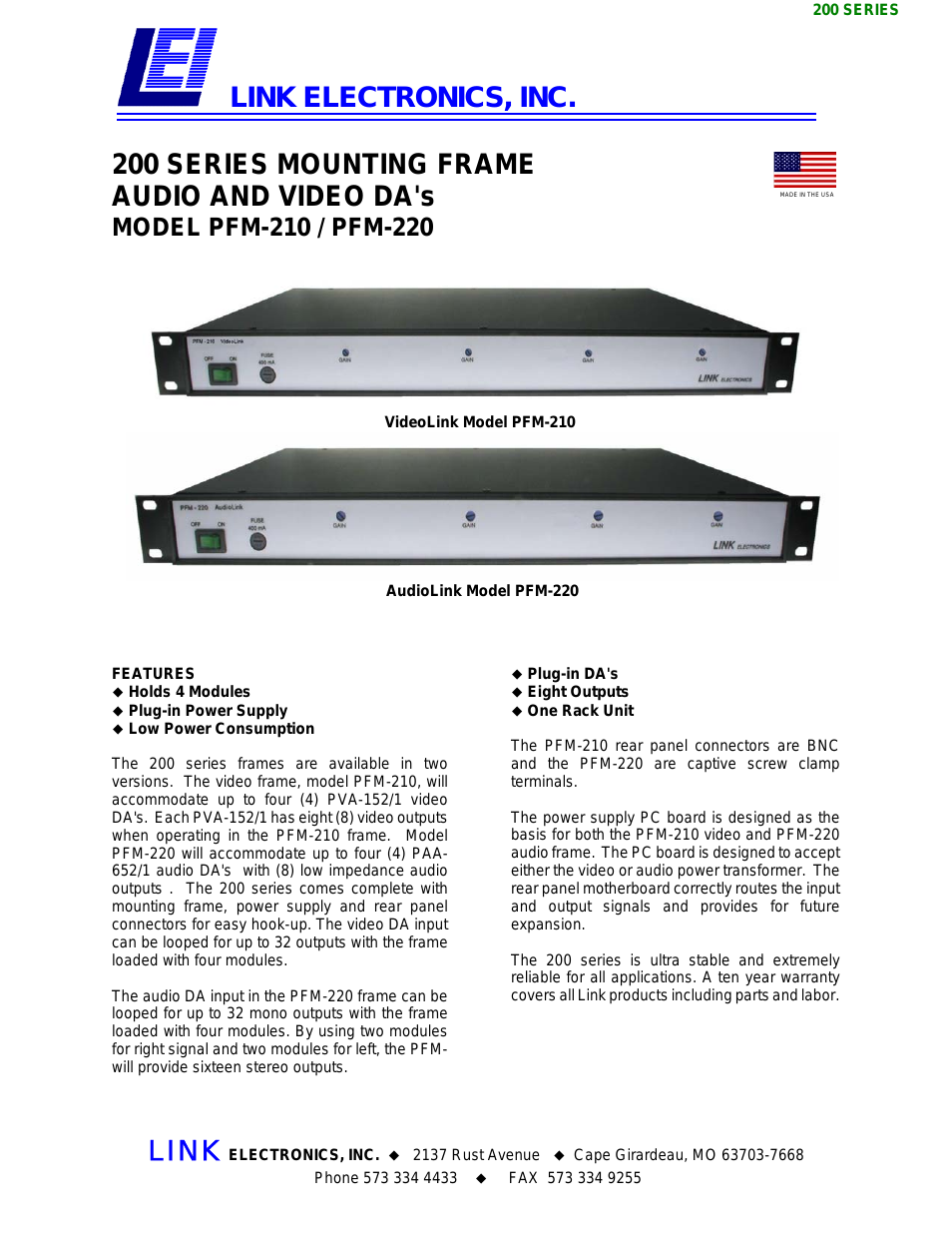 200 Series Mounting Frame Audio and Video DA's PFM-210