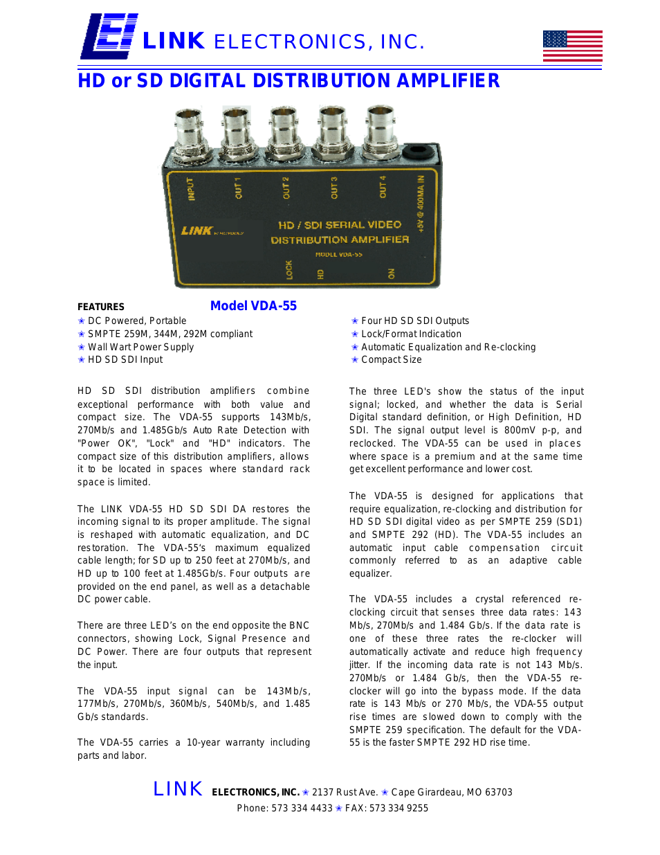 HD SD SDI Distribution Amplifier VDA-55