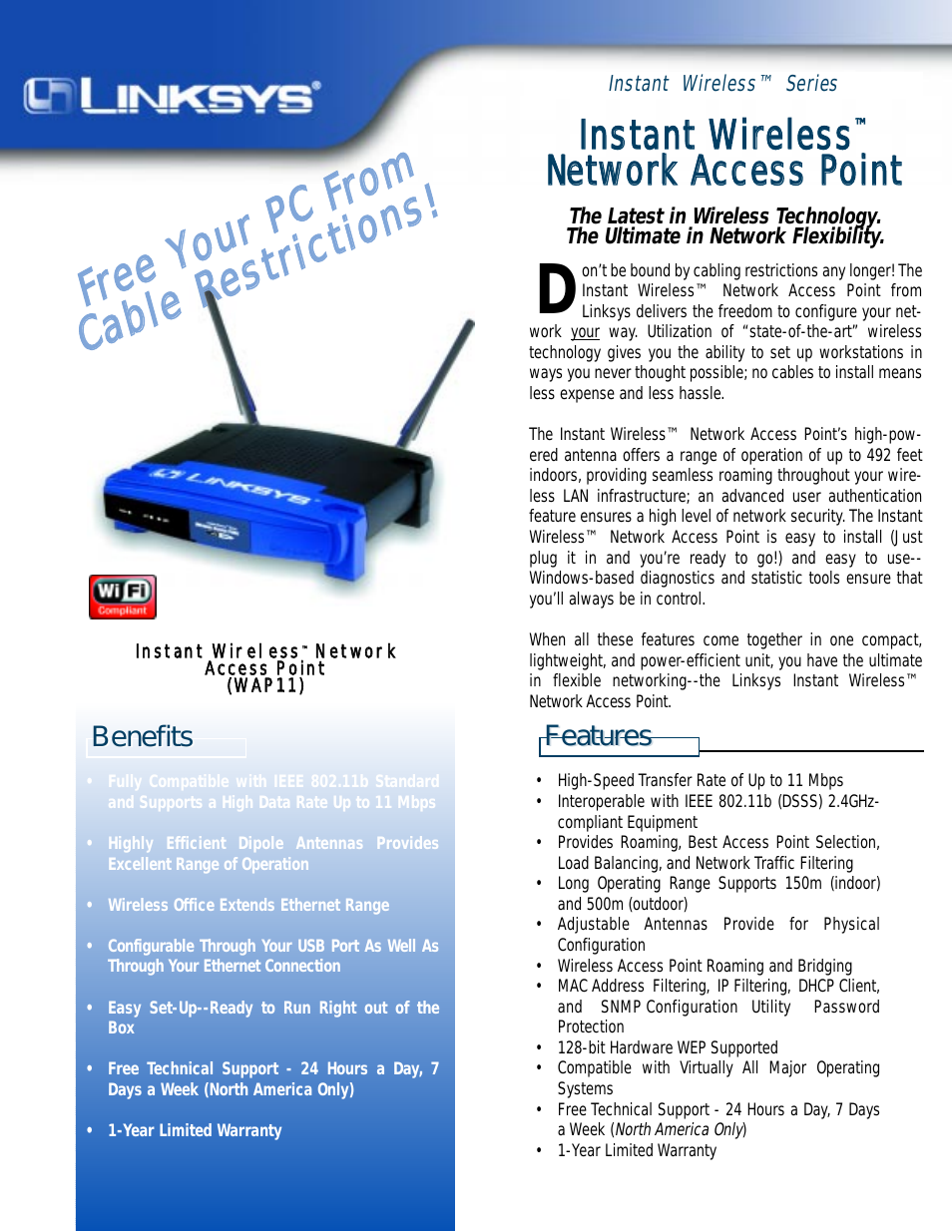 Instant WirelessTM Network Access Point WAP11