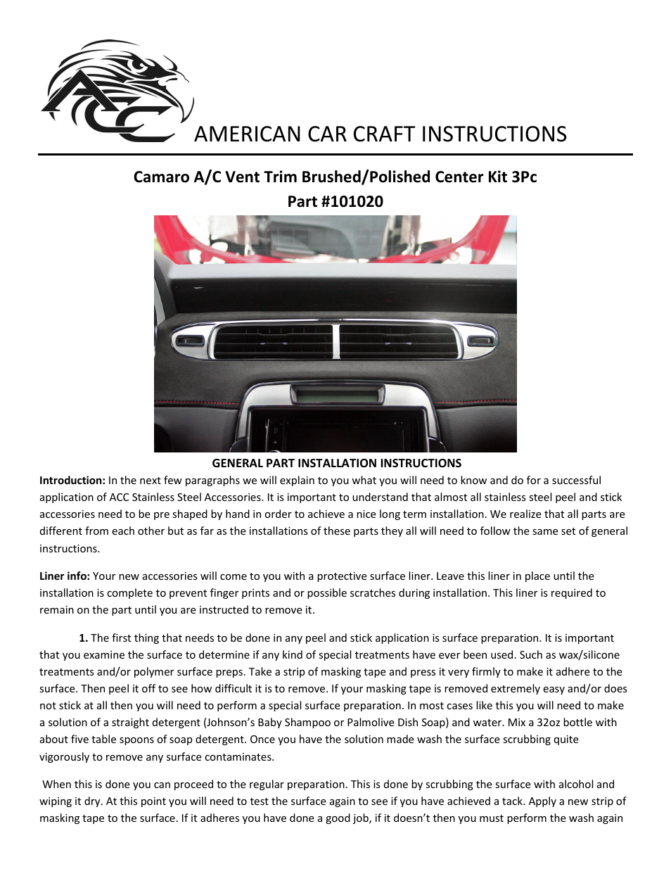Camaro A_C Vent Trim Brushed_Polished Center Kit 3Pc 2012-2013
