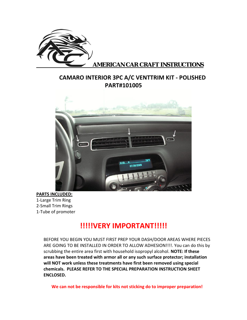 Camaro A_C Vent Trim Polished Center Kit 3Pc 2010-2011