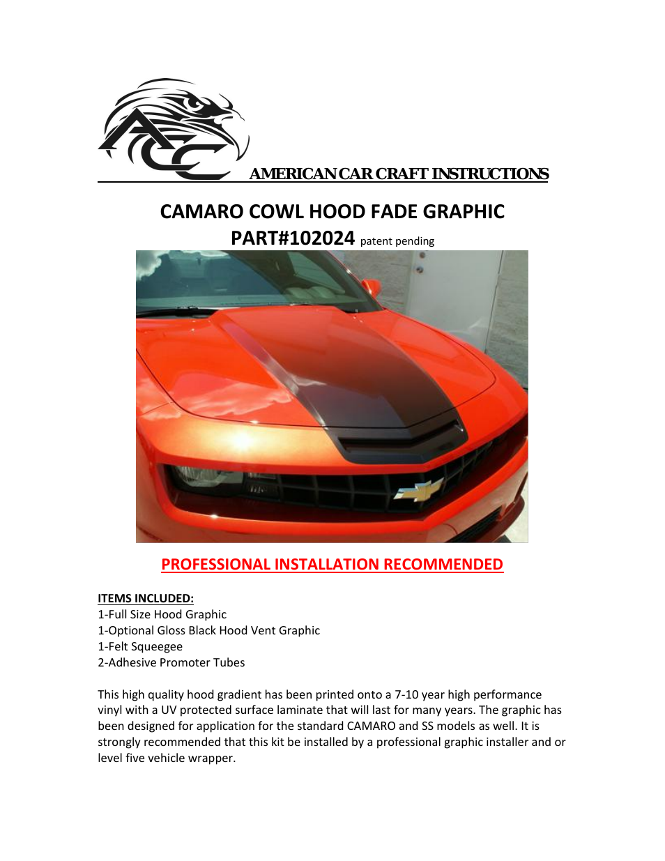 Camaro Cowl Hood Fade Graphic 2010-2013 Black