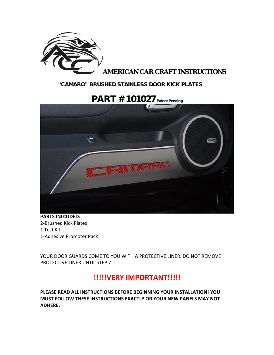 Camaro Door Panel Kick Plates Brushed w_Carbon Fiber "CAMARO 2Pc 2010-2013"