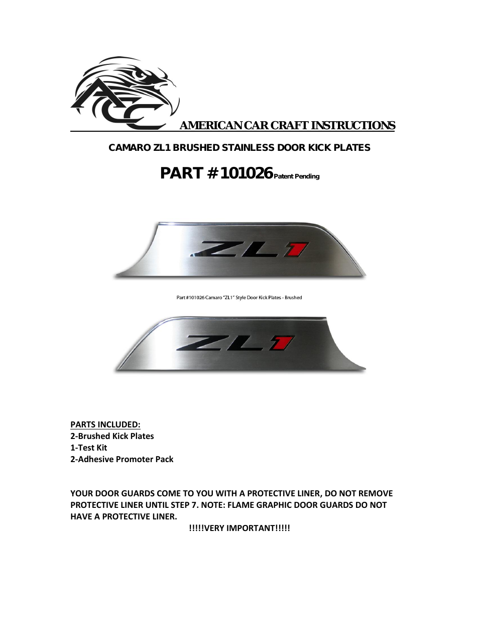Camaro Door Panel Kick Plates "ZL1 Style Brushed 2Pc 2012-2013"