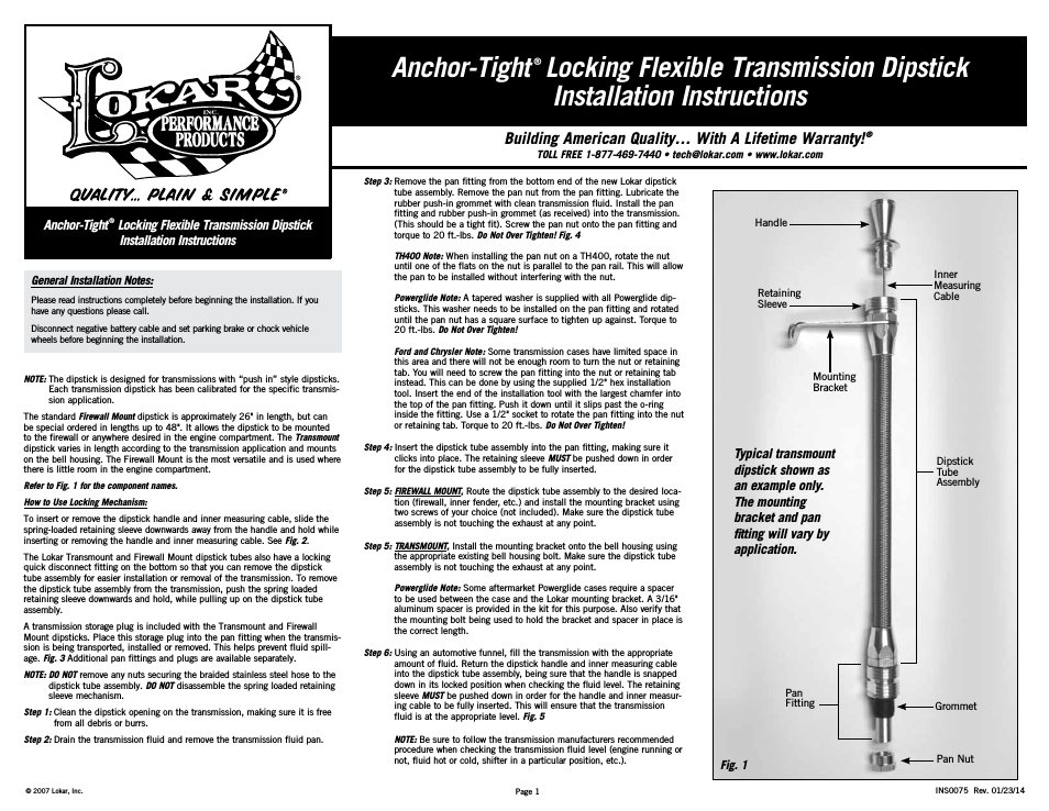 Anchor-Tight Locking Flexible Transmission Dipstick