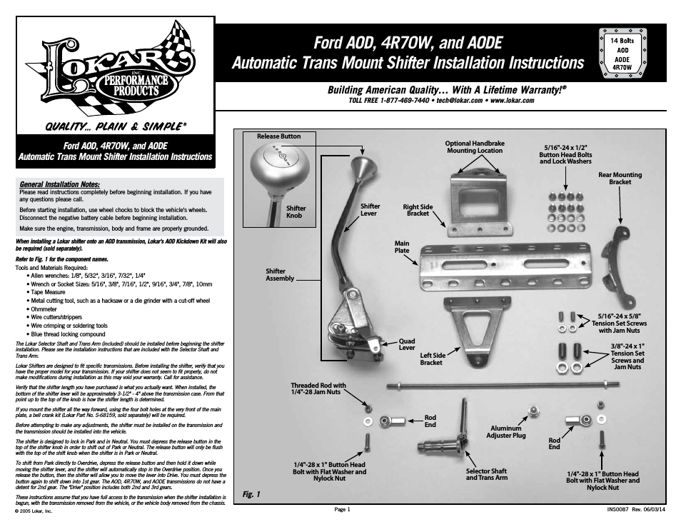 Automatic Trans Mount Shifter Ford AOD, 4R70W, and AODE