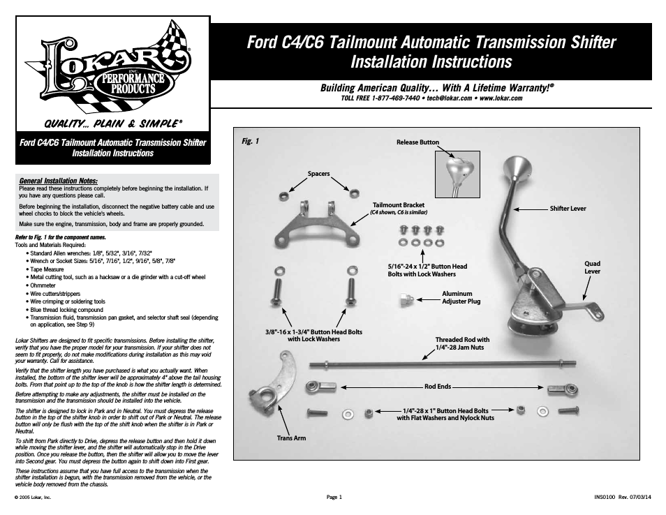 Automatic Transmission Shifter Ford C4/C6 Tailmount