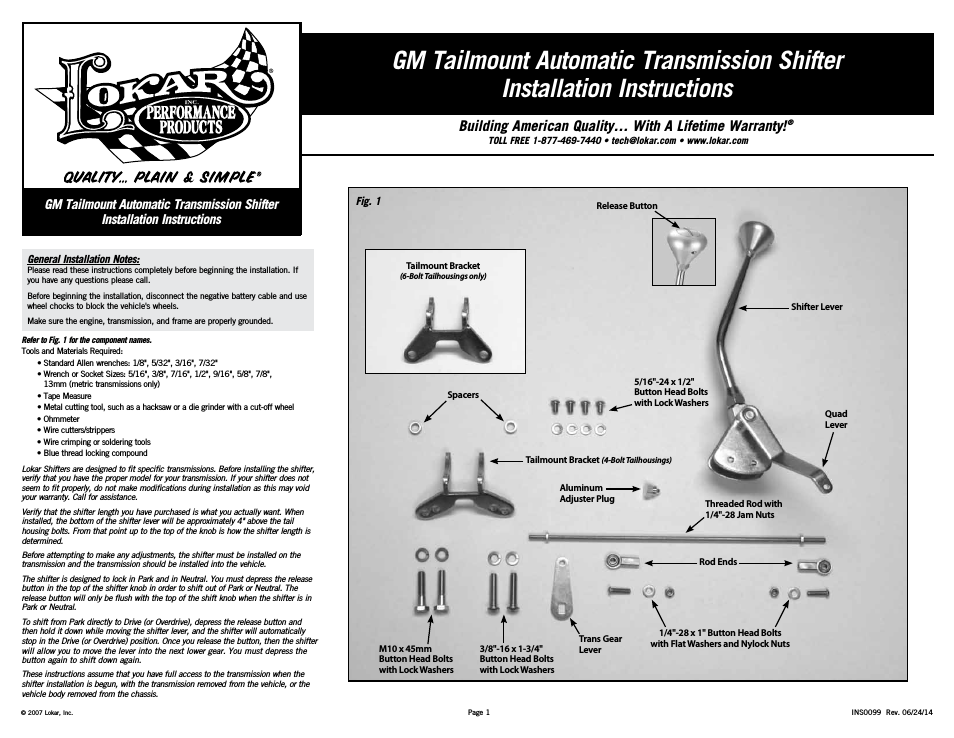 Automatic Transmission Shifter GM Tailmount