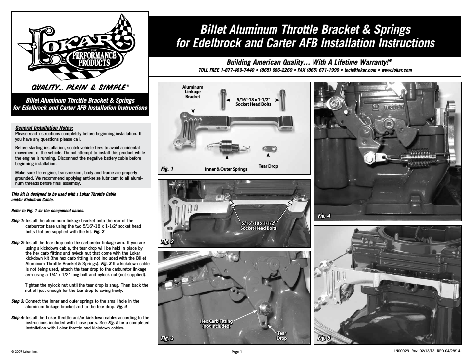 Billet Aluminum Throttle Bracket & Springs for Edelbrock and Carter AFB
