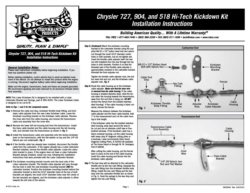 Chrysler 727, 904, and 518 Hi-Tech Kickdown Kit