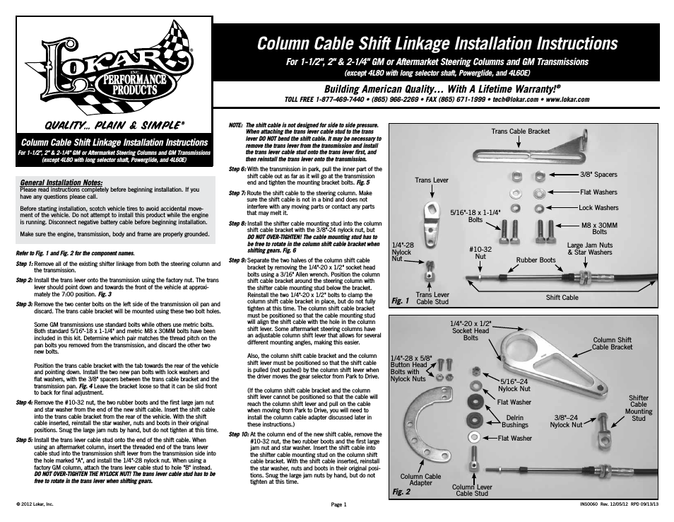 Column Cable Shift Linkage For 1-1/2", 2 & 2-1/4 GM or Aftermarket Steering Columns and GM Transmissions