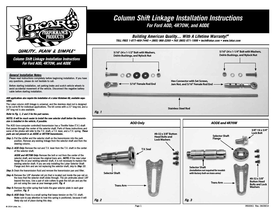 Column Shift Linkage For Ford AOD, 4R70W, and AODE