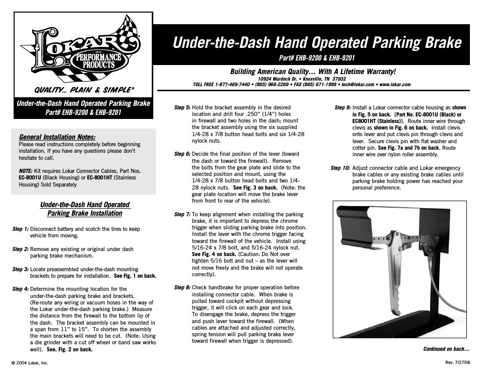 EHB-9200 Under-the-Dash Hand Operated Parking Brake