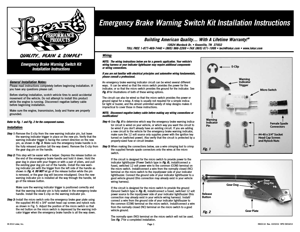 Emergency Brake Warning Switch Kit