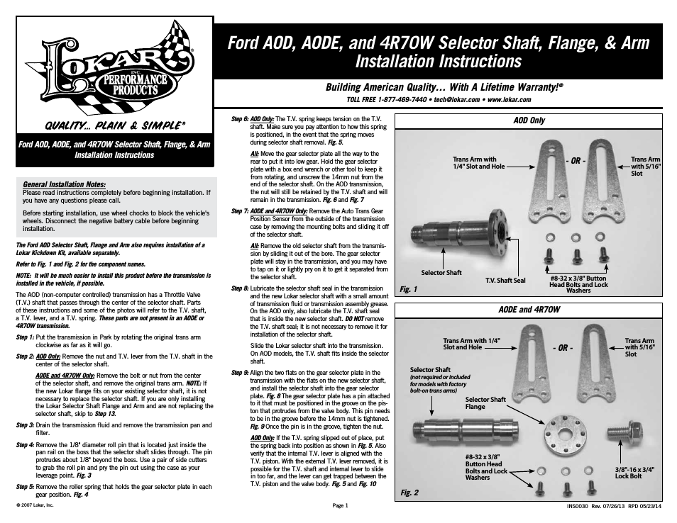 Ford AOD, AODE, and 4R70W Selector Shaft, Flange, & Arm