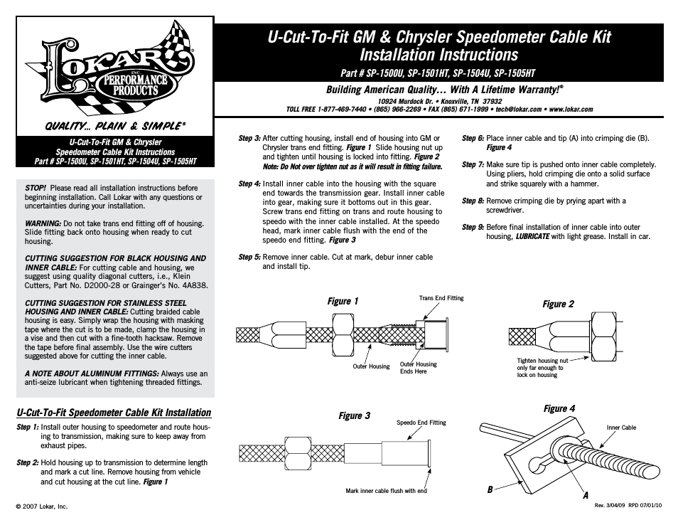 SP-1501HT U-Cut-To-Fit GM & Chrysler Speedometer Cable Kit