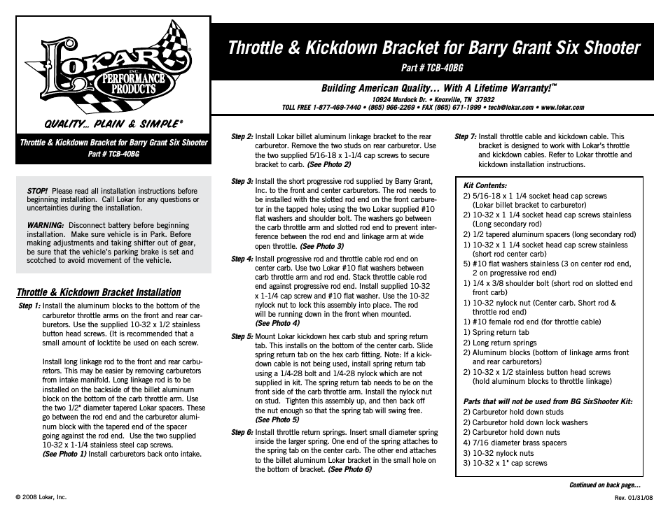 TCB-40BG Throttle & Kickdown Bracket for Barry Grant Six Shooter