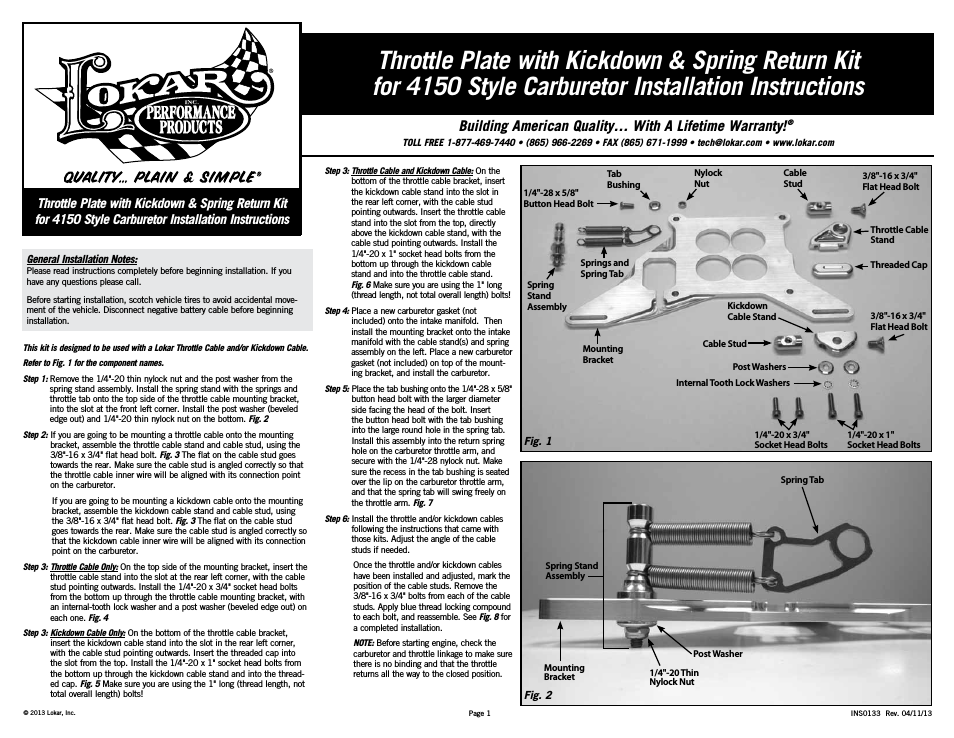 Throttle Plate with Kickdown & Spring Return Kit for 4150 Style Carburetor