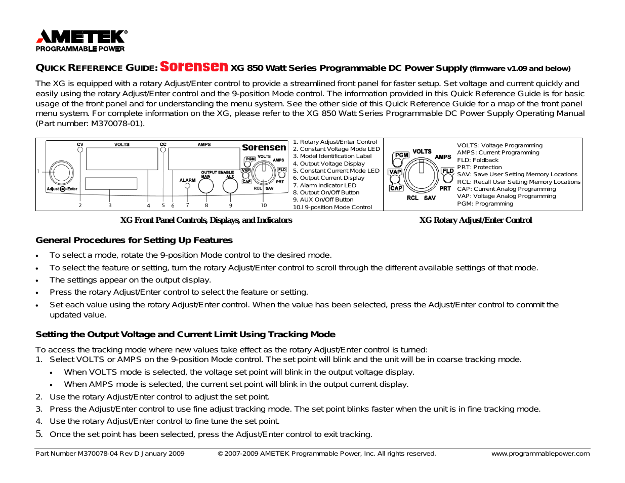XG 850 Watt Series Quick Start version 1.11 and later1.09