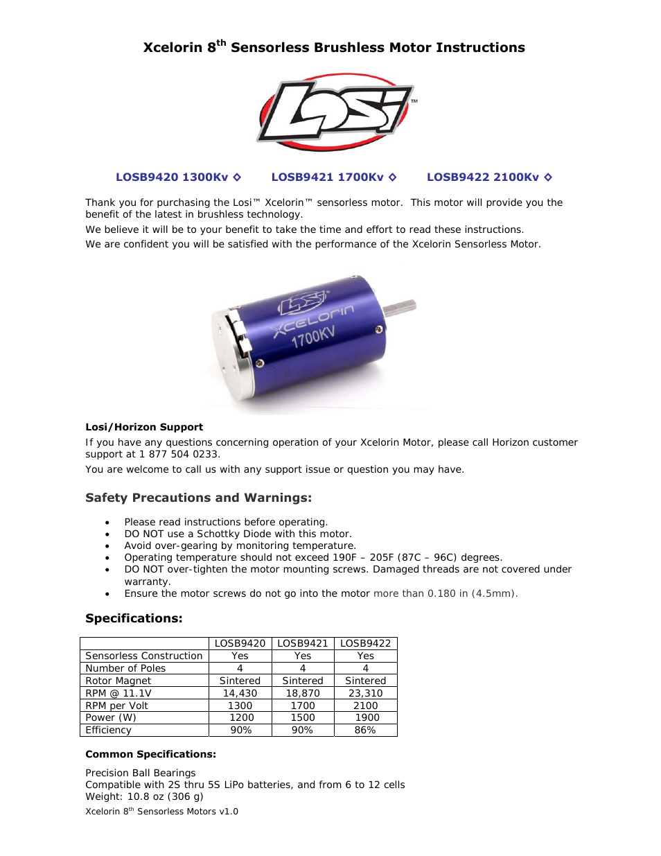 LOSB9558 1/8 Xcelorin Brushless Motor Manual