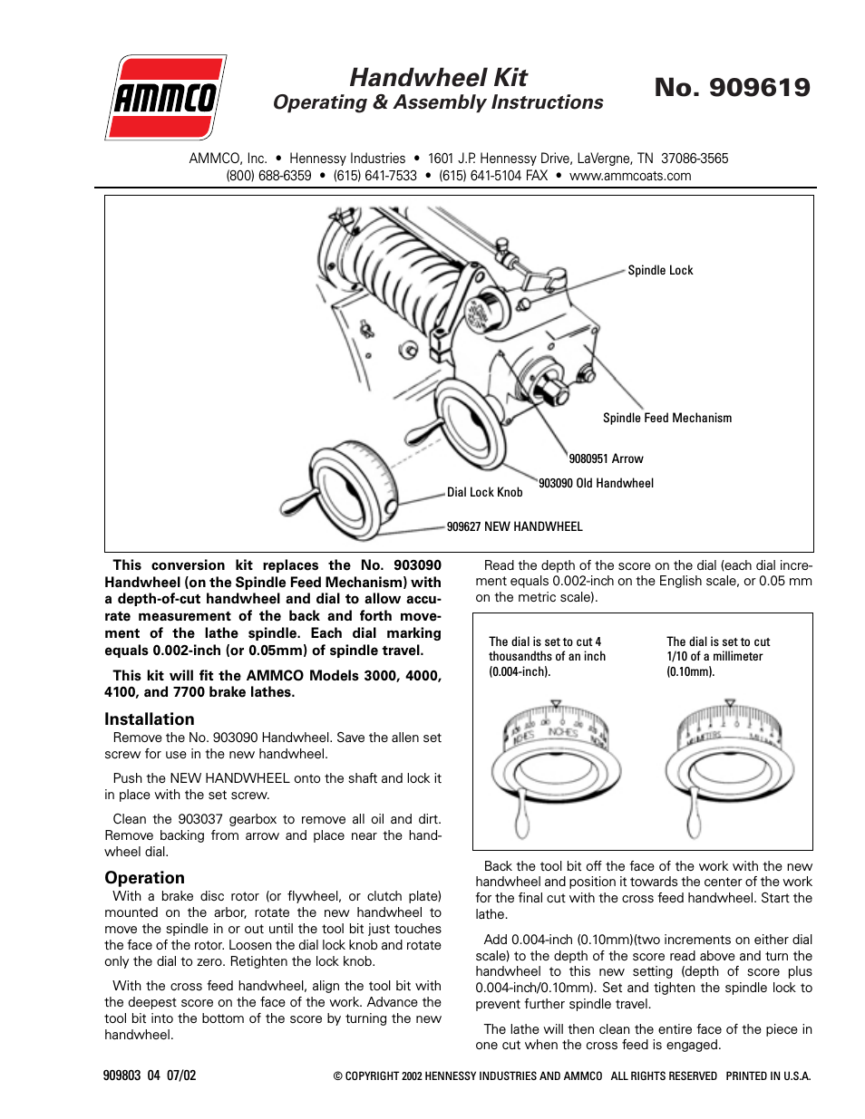 Handwheel Kit Operating and Assembly