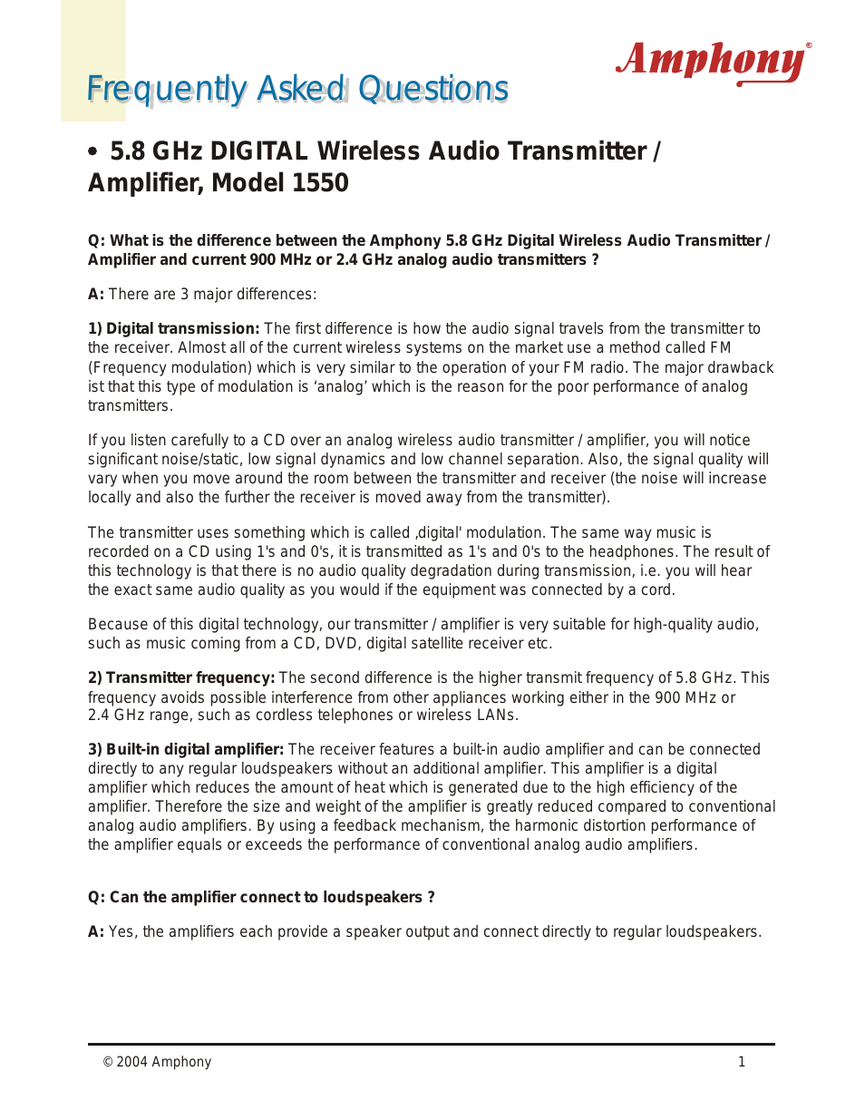 5.8 GHZ DIGITAL WIRELESS AUDIO TRANSMITTER / AMPLIFIER 1550
