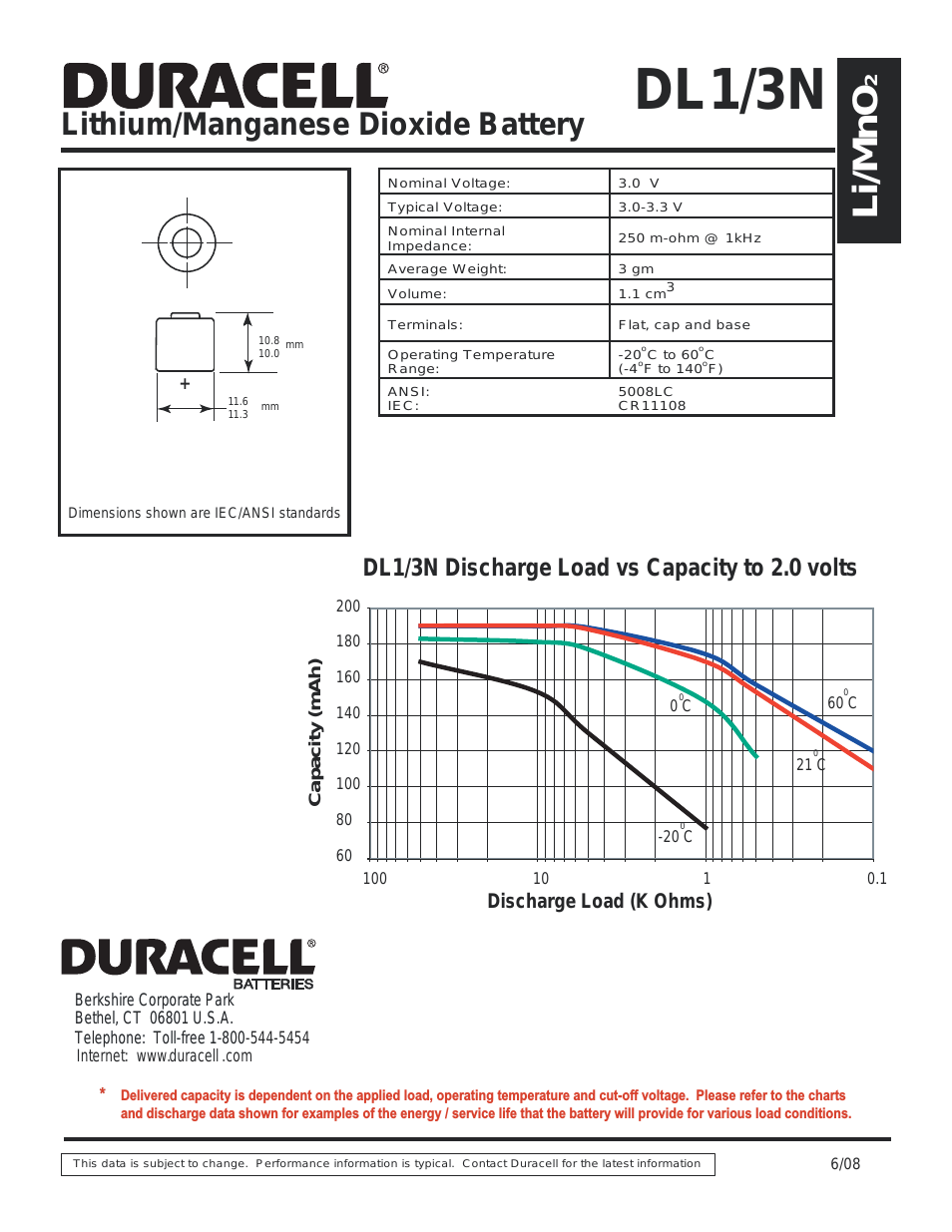 Lithium/Manganese Dioxide Battery DL1/3N