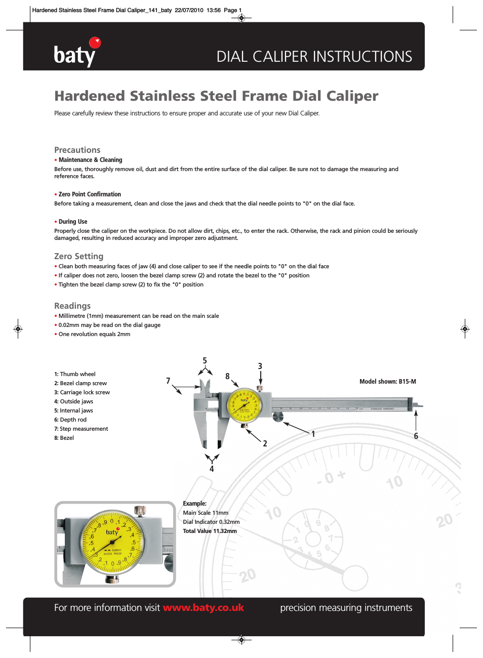 Baty - Hardened Stainless Steel Frame Dial Caliper