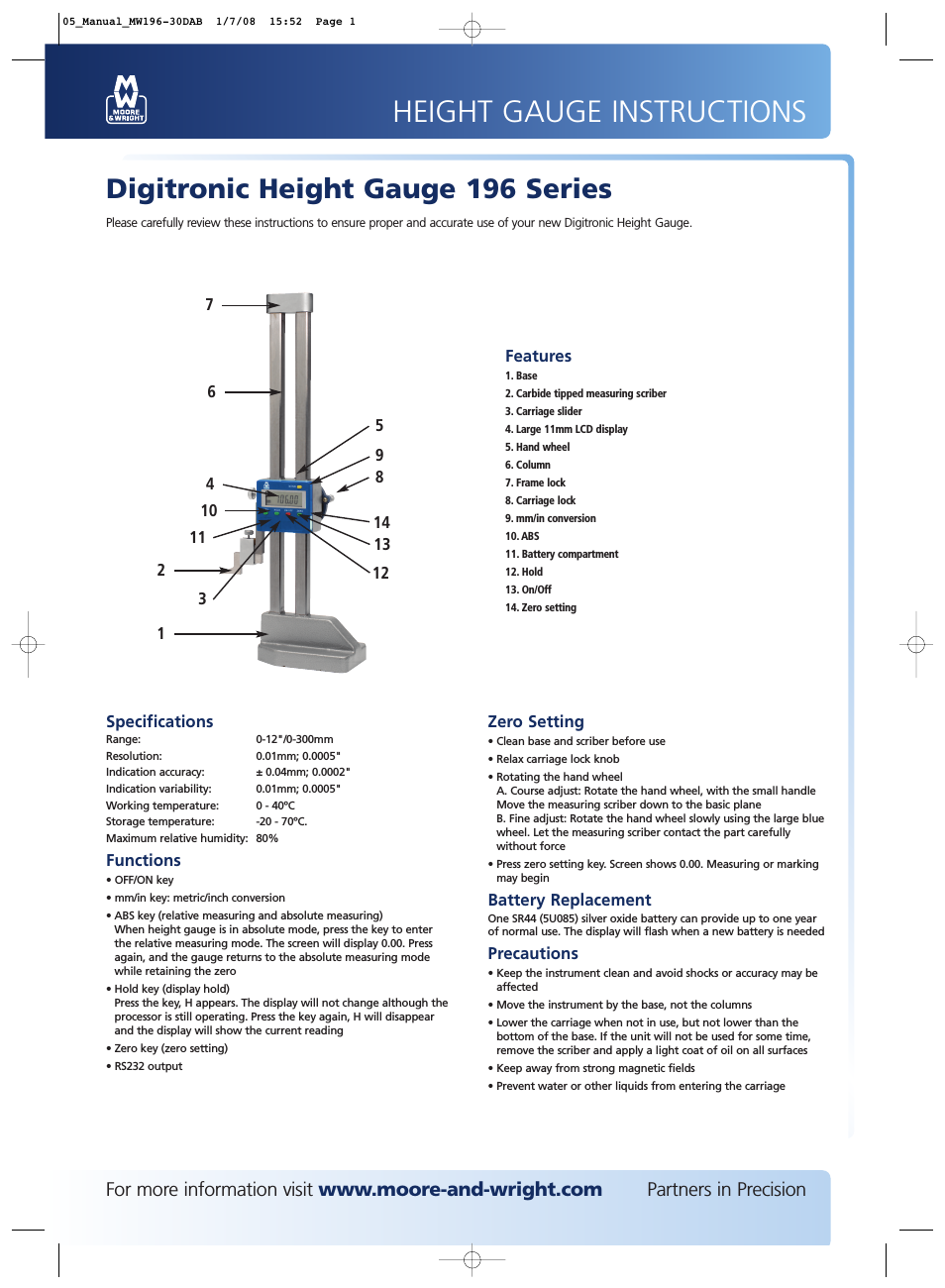M&W Digitronic Height Gauge 196 Series