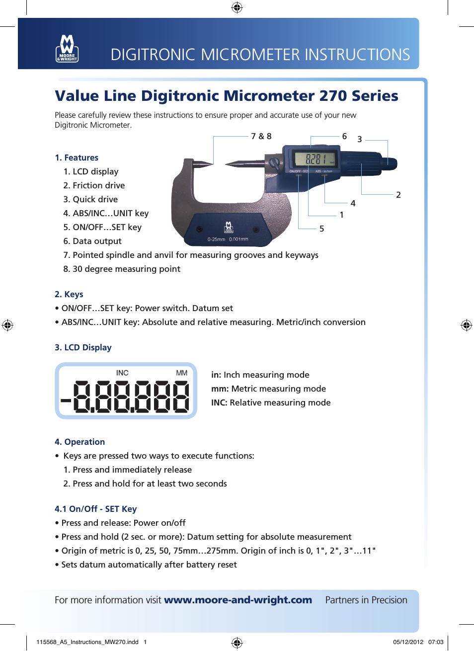 M&W Value Line Digitronic Micrometer 270 Series