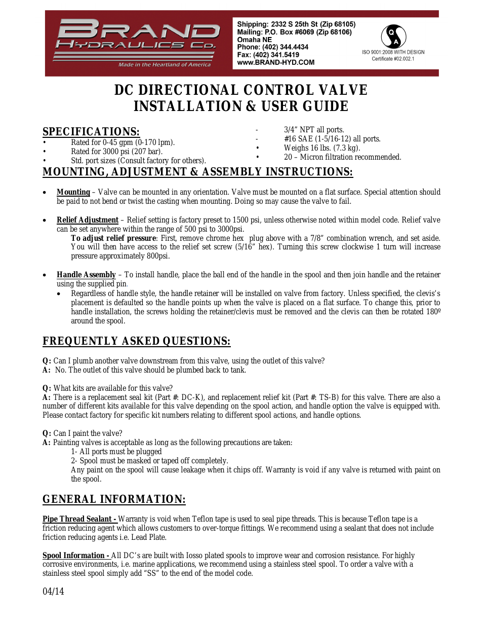 DC DIRECTIONAL CONTROL VALVE