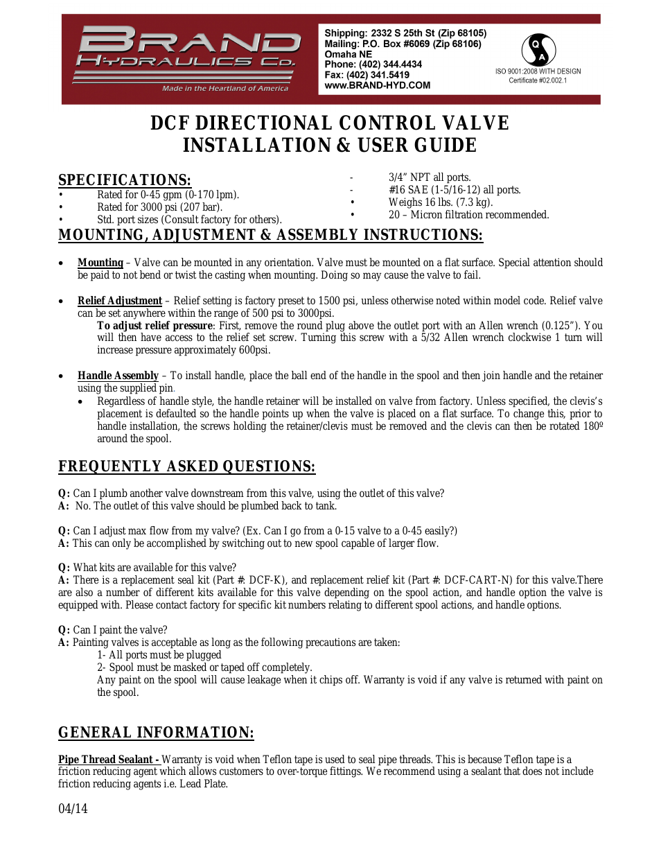 DCF DIRECTIONAL CONTROL VALVE