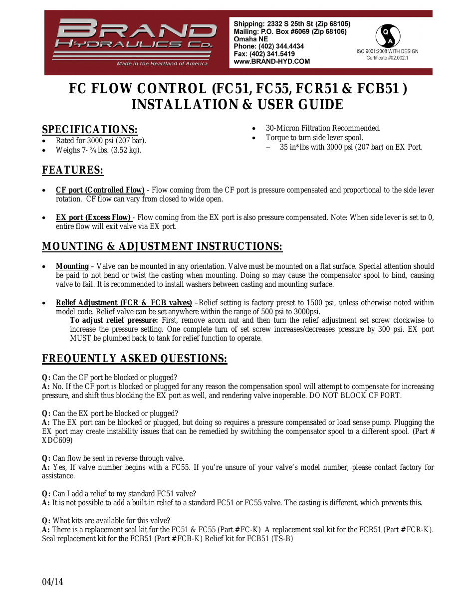 FC FLOW CONTROL (FC51, FC55, FCR51 & FCB51)