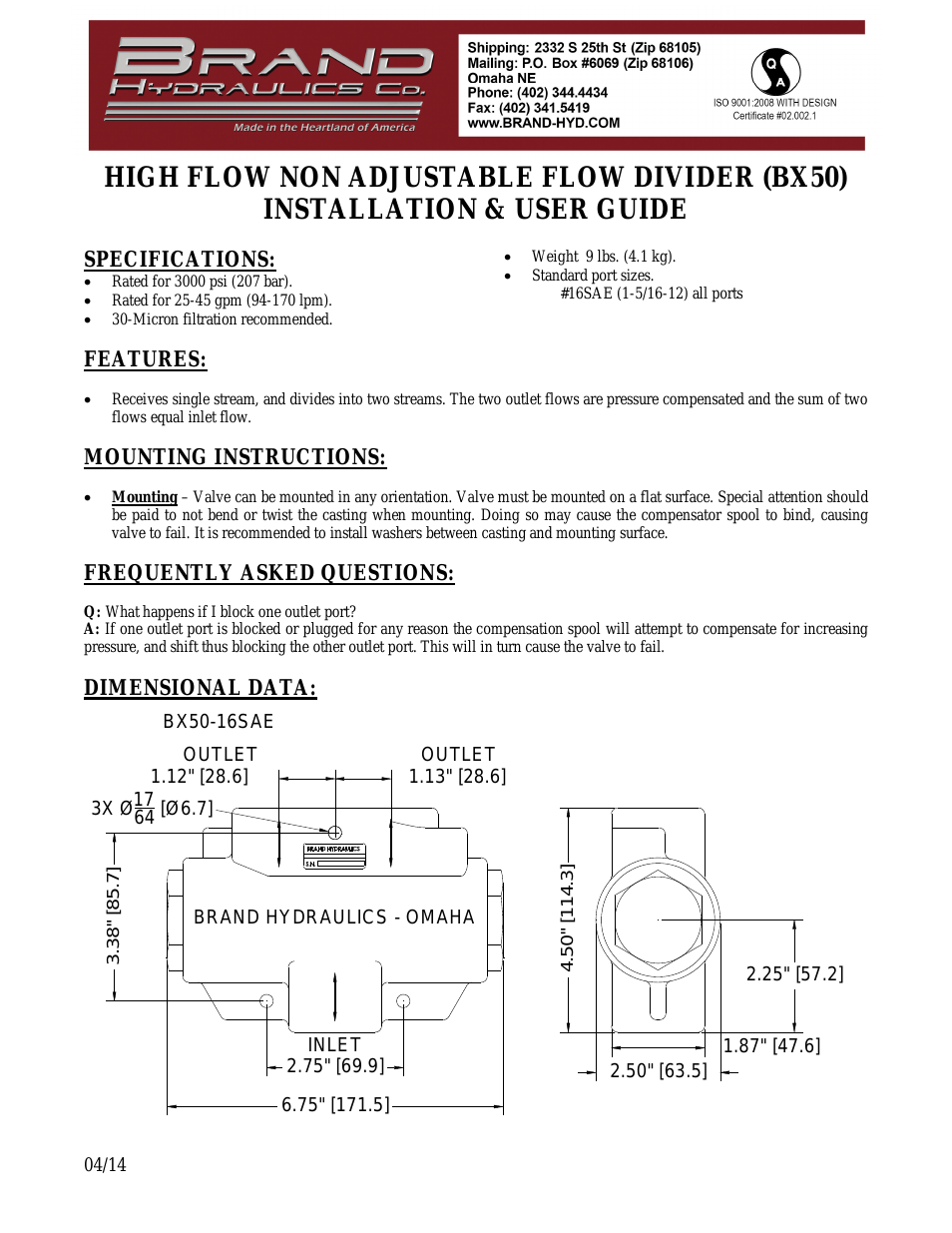 HIGH FLOW NON ADJUSTABLE FLOW DIVIDER (BX50)