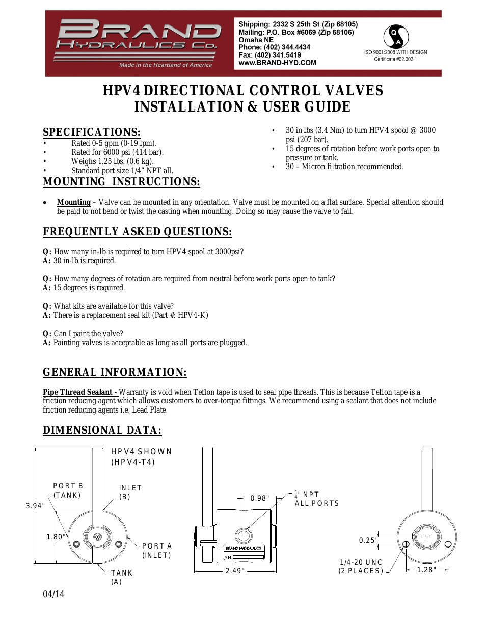 HPV4 DIRECTIONAL CONTROL VALVES