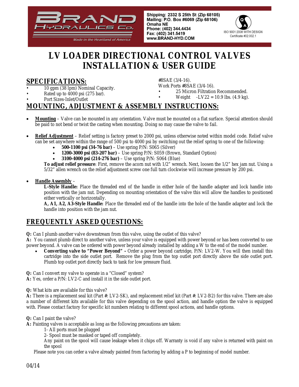 LV LOADER DIRECTIONAL CONTROL VALVES