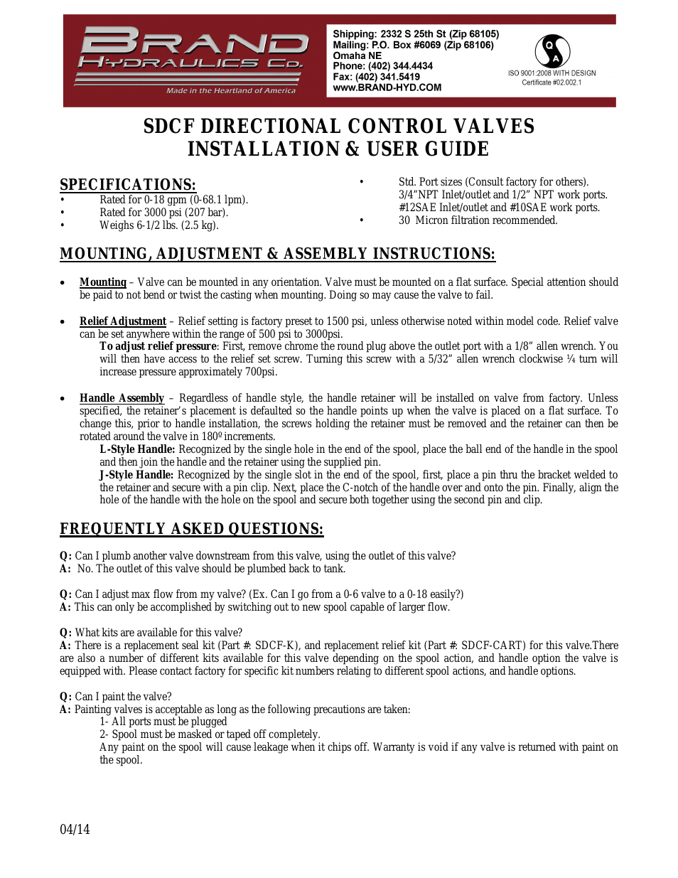 SDCF DIRECTIONAL CONTROL VALVES