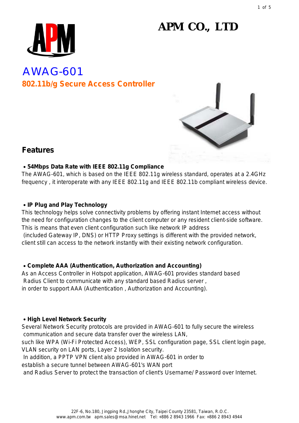 802.11b/g Secure Access Controller AWAG-601