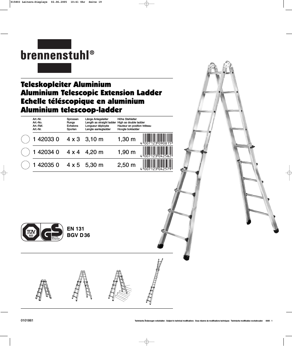 Telescopic Aluminium Ladder 4x5 rungs, Height of stepladder max.2,6m Length of ladder max.5,3m
