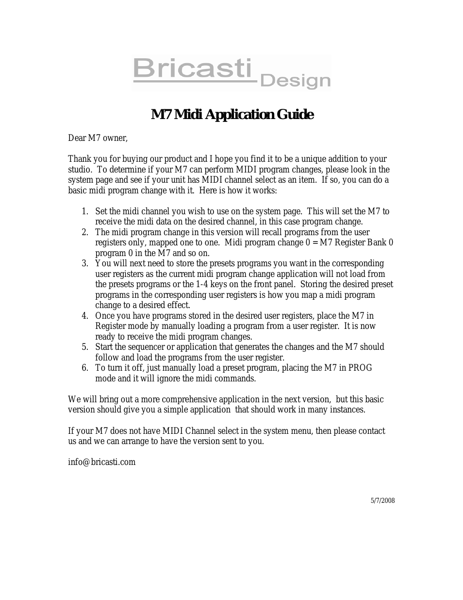 M7 Midi Application Guide