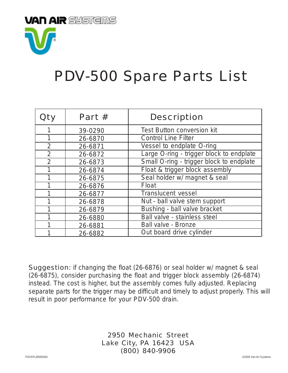 PDV-500 Spare Parts