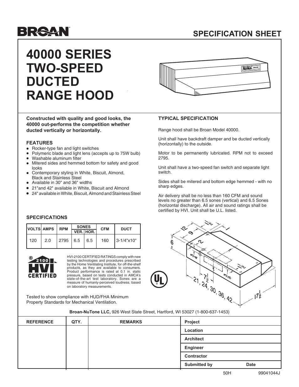 Two-Speed Ducted Range Hood 40000 Series