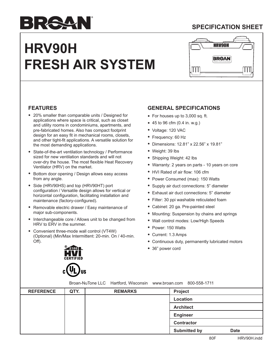 Fresh Air System HRV90H