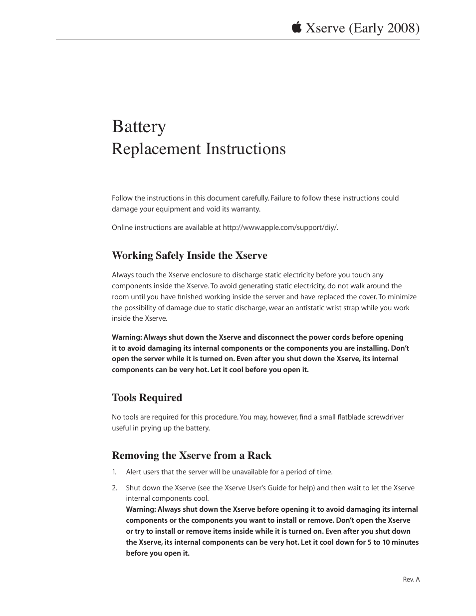 Xserve (Early 2008) DIY Procedure for Battery