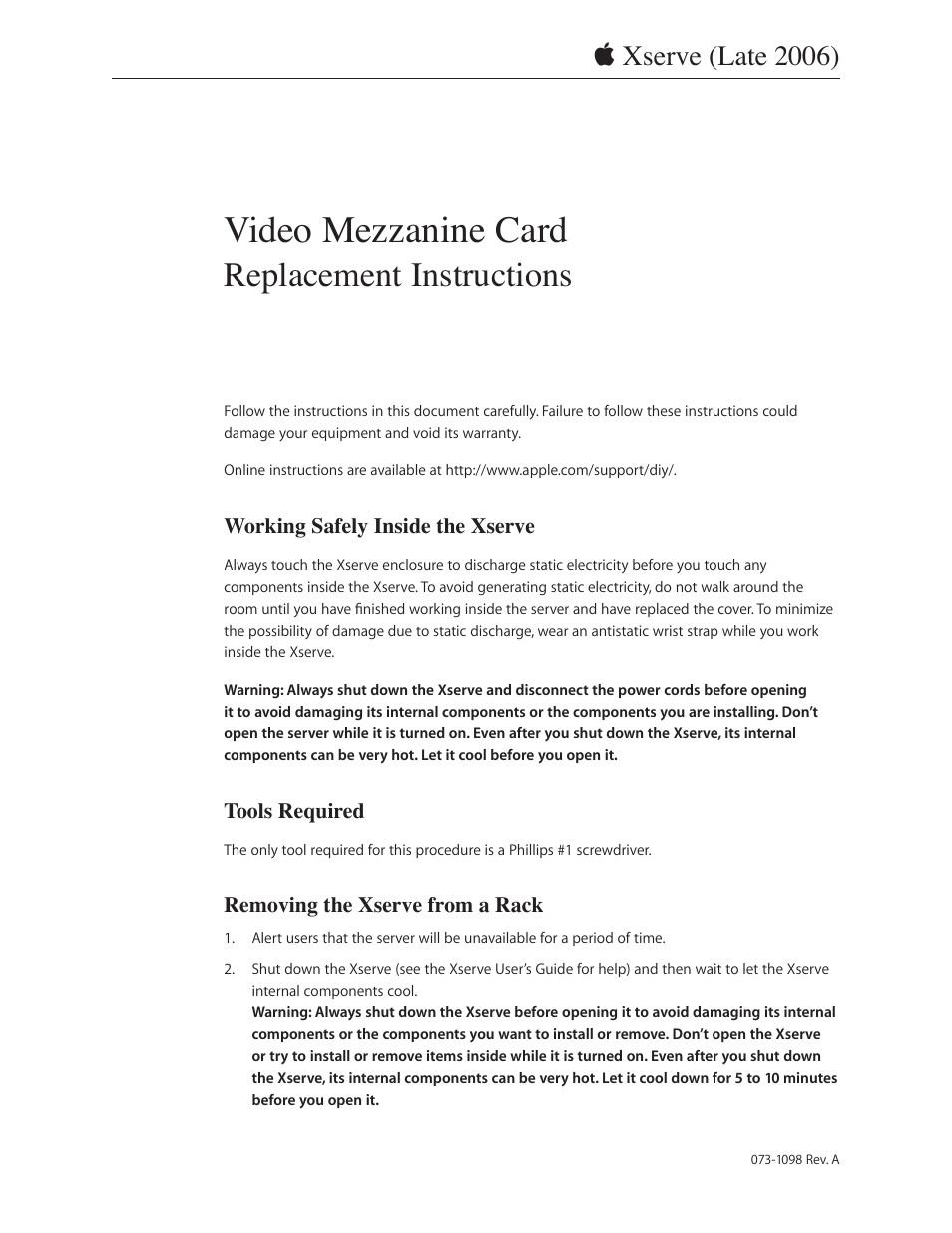 Xserve Intel (Late 2006) DIY Procedure for Video Mezzanine Card