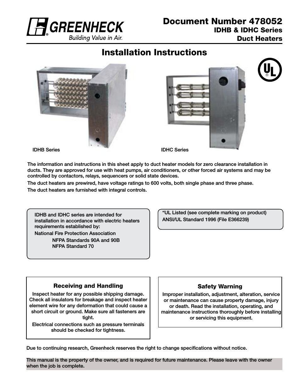 Duct Heaters Series IDHB and IDHC (478052)