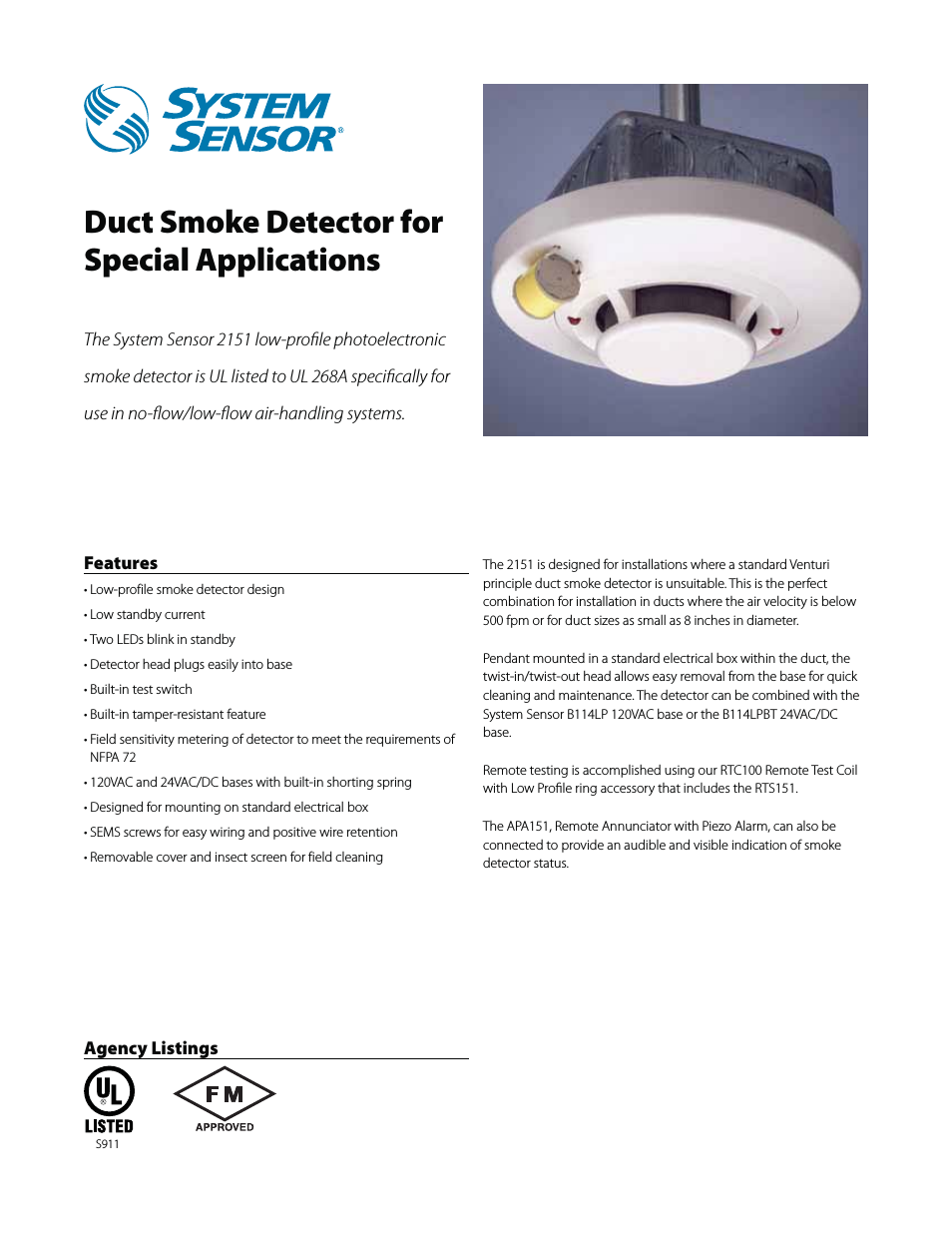 No Flow Duct Smoke Detector (System Sensor)