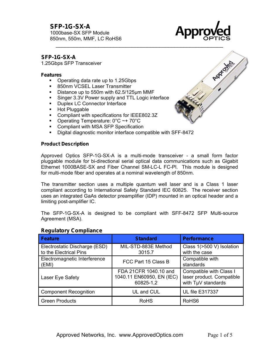Approved ARISTA SFP-1G-SX