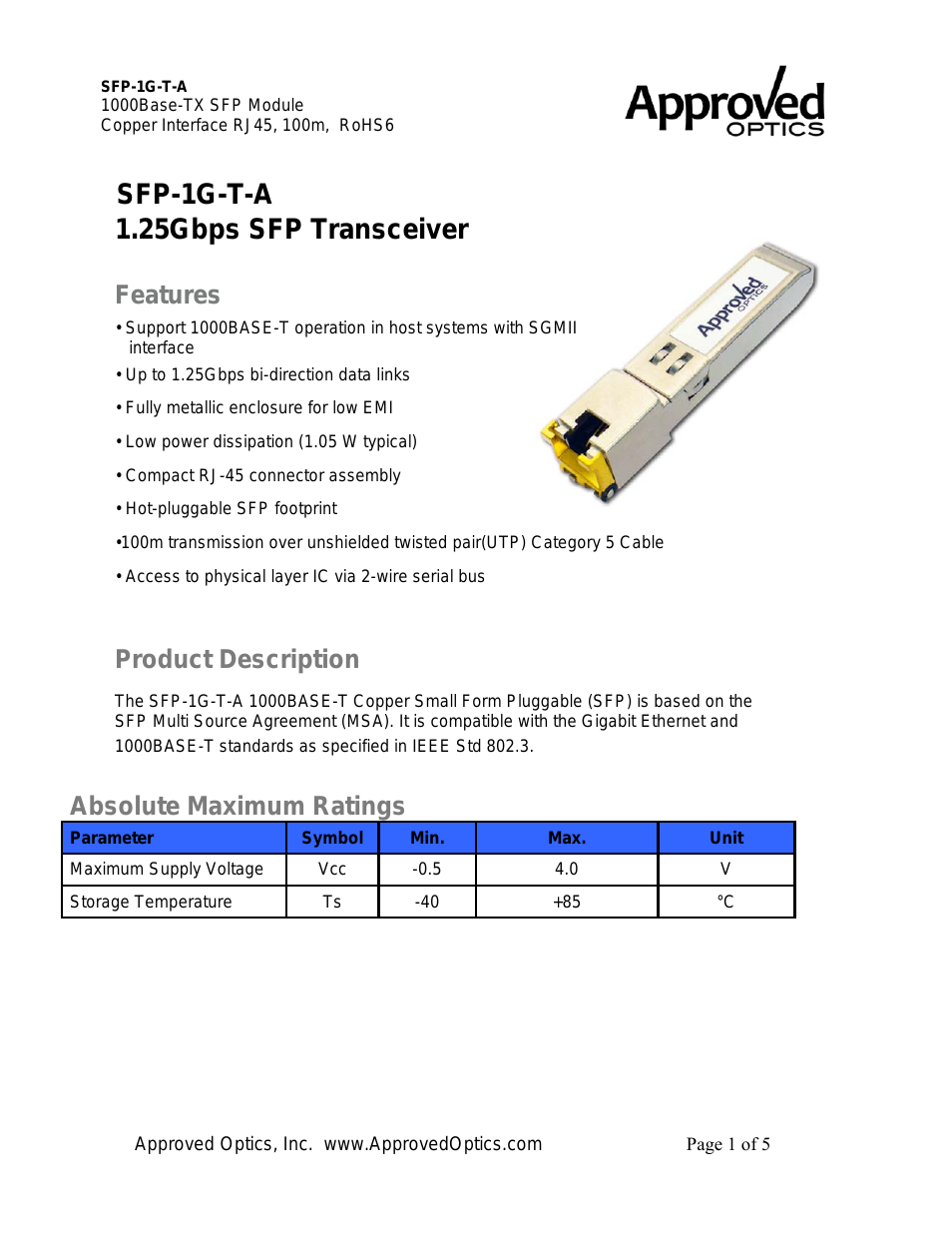 Approved ARISTA SFP-1G-T