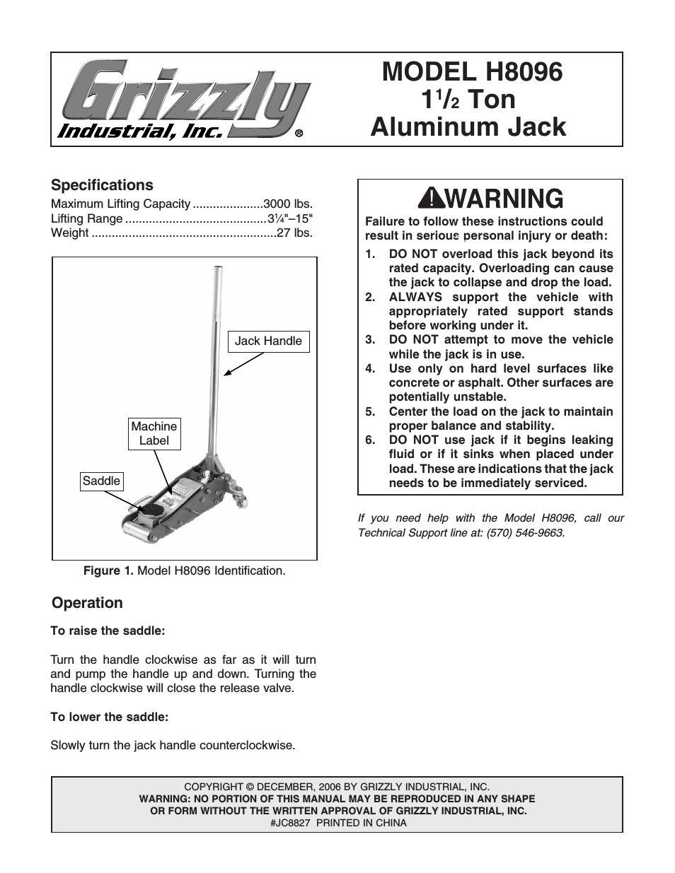 1 1/2 Ton Aluminum Jack H8096